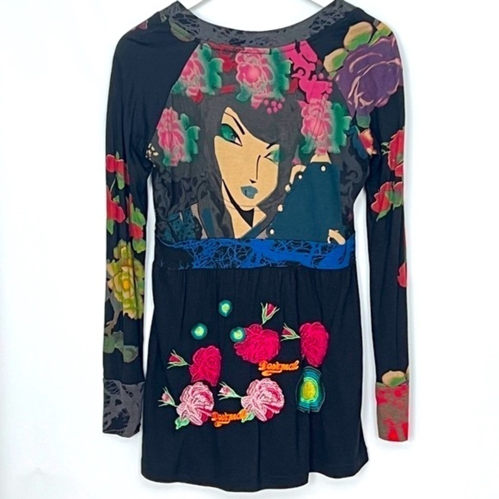 DESIGUAL V Neck Embroidered Multi Print Top Long Sleeve Small - Picture 8 of 12